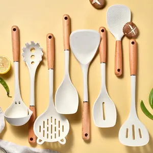 Heat Resistant Silicone Kitchen Utensil Set With Beech Wood Handle Non-stick Spatula Soup Spoon Slotted Turner Pasta Server Kitchen Tools