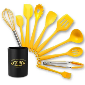 Professional 10-piece yellow silicone kitchen utensil set with sleek black storage bucket