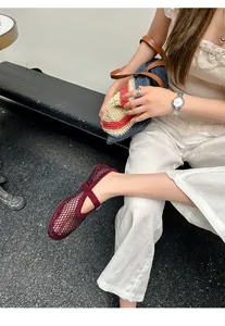 Burgundy rhinestone mesh Mary Jane flats for women with breathable hollow out design