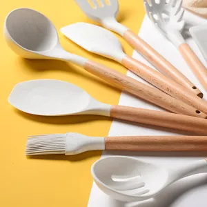 Marble pattern silicone kitchen utensil set with natural wooden handles for cooking