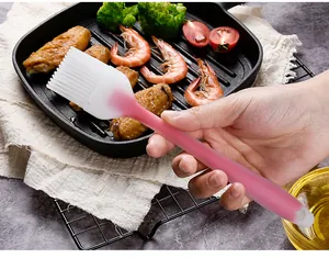 A macro shot of a pink silicone basting brush used for grilling meat and seafood