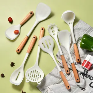 Premium silicone kitchen utensil set with wooden handles for non-stick cookware