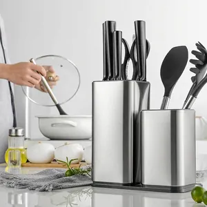 430 Stainless Steel Kitchen Knife Holder Universal Utensil Organizer Modern Brushed Metallic Knife Block Storage Countertop Combo