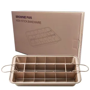 Champagne gold non-stick brownie pan set with 18-slot divider and gift packaging.