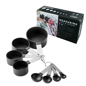 Professional 8-piece black measuring cups and spoons set with stainless steel handles
