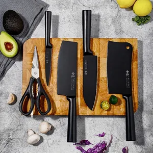 Professional Stainless Steel Kitchen Knife Set Non-Stick Black Blade Chef Cleaver Slicing Knife Scissors Set With Stand Gift