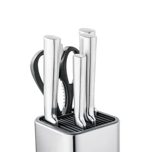 Modern stainless steel knife block with universal slots for various kitchen tools