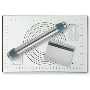 Adjustable stainless steel rolling pin with thickness rings and silicone pastry mat