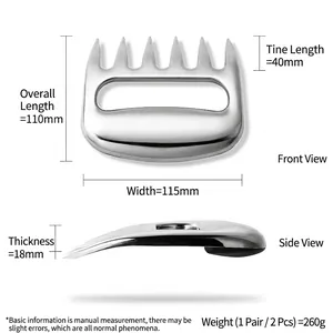 Heavy duty stainless steel meat shredder claws with dimensions for BBQ turkey carving