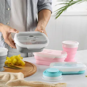 Portable collapsible silicone lunch box and water cup set for easy travel storage