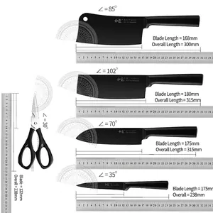 Specification of 6-piece black non-stick stainless steel kitchen knife set with measurements.