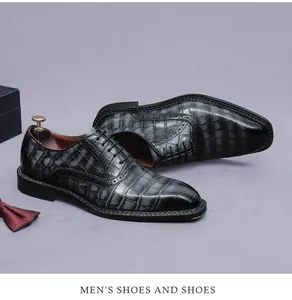 Close-up of premium men's Oxford shoes with embossed crocodile leather texture