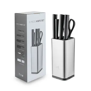 6-piece stainless steel kitchen knife set with non-stick black blades and storage block