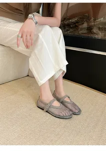 Close-up view of breathable rhinestone mesh Mary Jane flat sandals for women