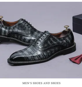 Detailed view of men's genuine leather Oxford shoes with embossed crocodile pattern