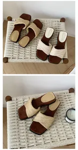 Detailed view of women's woven platform wedge slides with soft suede insoles.
