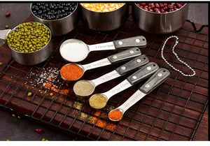 Set of 5 stainless steel measuring spoons with wood handles holding colorful kitchen spices