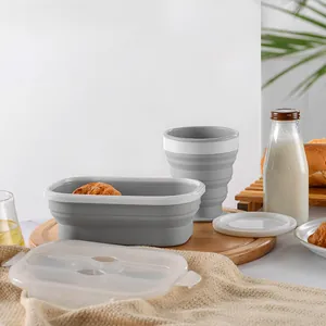 Portable folding silicone lunch box and collapsible cup set in grey and white