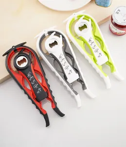 Macro view of multi-functional bottle openers in red, grey, and green colors.