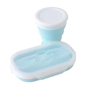 Portable light blue foldable silicone lunch box and telescopic water cup set for travel