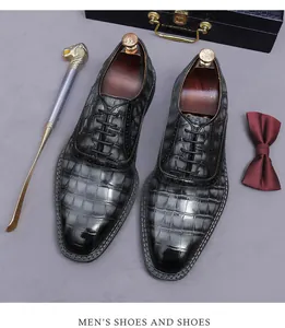 Detailed view of luxury crocodile embossed genuine leather men's business oxford shoes