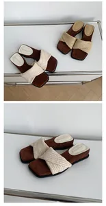 Close-up of women's woven wedge slides with cross-strap design and soft suede insole
