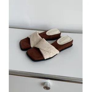 Women French Style Woven Wedge Platform Slide Sandals Summer Beach Linen Upper Height Increasing Non-Slip Apricot Yellow Slippers