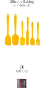 Detailed view of yellow 6-piece silicone baking spatula and brush set with gift box