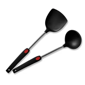 Set spatule et louche en silicone noir résistant à la chaleur avec manche inox