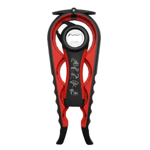 Red and black 5-in-1 multi-functional bottle and jar opener tool for various lids
