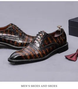 High-quality detailed macro view of brown crocodile pattern genuine leather Oxford shoes