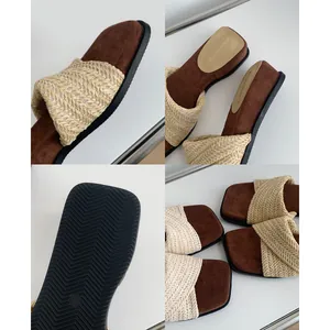 Elegant French style woven platform wedge slide sandals for summer beach outings
