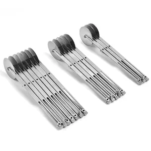 Stainless steel expandable dough cutter set with 3, 5, and 7 wheels for pizza and pastry.