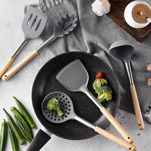 6-piece heat-resistant grey silicone kitchen utensil set with natural wooden handles