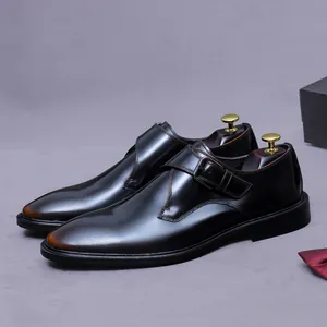 Chaussures Monk Strap Homme Business Décontracté en Cuir de Vachette Véritable Poli Brillant Chaussures de Bureau Gentleman