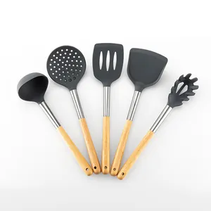 5-piece silicone kitchen utensil set with wooden handles for high-heat cooking