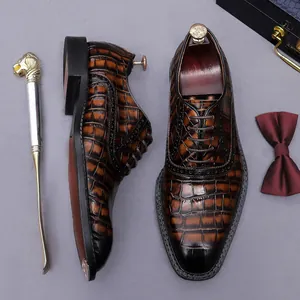 Men British Genuine Leather Oxford Shoes Crocodile Pattern Brogue Business Casual Pointed Toe Lace-Up Gradient Dress Shoes