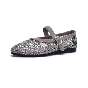 Elegant grey rhinestone mesh Mary Jane flats with breathable woven design and buckle strap