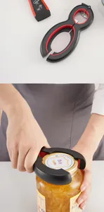 Close-up of a multi-functional 8-shaped jar opener being used to unscrew a glass jar lid.