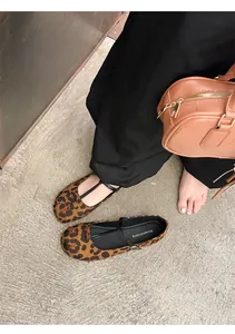 Vintage French style leopard print Mary Jane ballet flats with slim strap detail