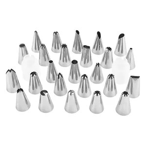 Complete 27-piece stainless steel piping nozzle set with plastic couplers for cake decor