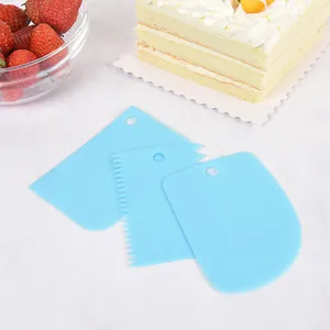 3pcs blue plastic cake scraper set with curved and jagged edges for baking