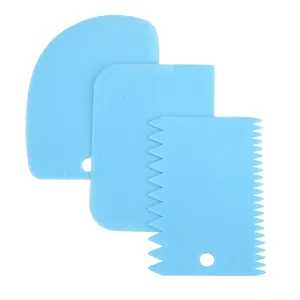 Professional 3-piece light blue plastic cake scraper set with curved and jagged edges