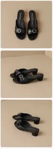 Multiple angles of black retro buckle mules with block heels on a beige background