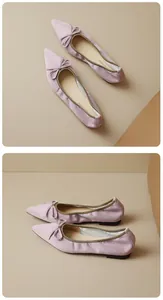 Detailed side and top view of French retro lavender suede ballet flats with bow detail