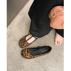 French style retro leopard print Mary Jane ballet flats with round toe and T-strap