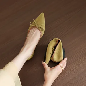 French retro pointed toe flat ballet shoes with bow in mustard yellow suede