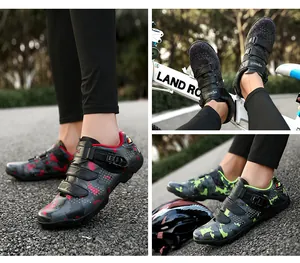 Detail view of men's mountain cycling shoes with camo patterns and rotary buckle closure
