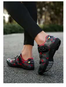 Detail view of men's camo mountain bike shoes featuring quick-lace rotary buckles