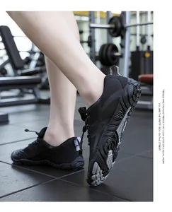 Side view of black breathable hiking shoes showing the non-slip rubber sole detail.